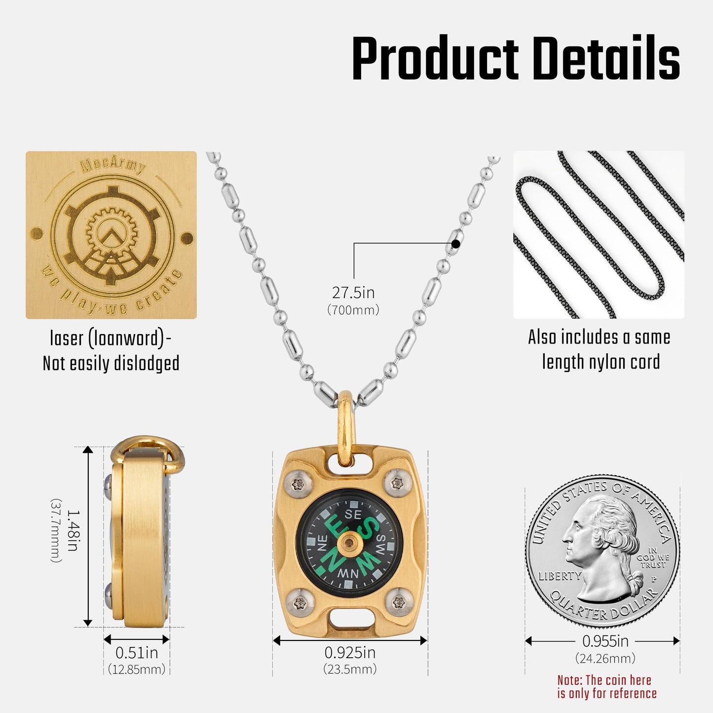 Mecarmy Mini Compass Titanium/Brass, Pocket Compass Hiking Survival, Small Waterproof Ipx5 Hiking Compass Keychain, Special Compass Necklace, Survival Hiking Gear Graduation Present for Women Men