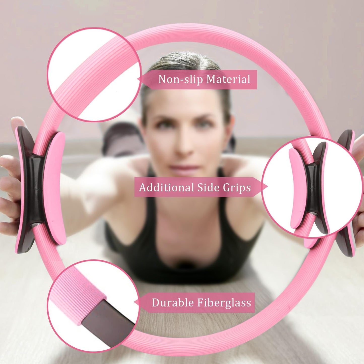 Gavigain Yoga Circle 4 Color Double Grip Yoga Pilates Ring Resistance Circle Portable Fitness Circle for Thigh and Leg Fitness Muscle Lines (Pink)