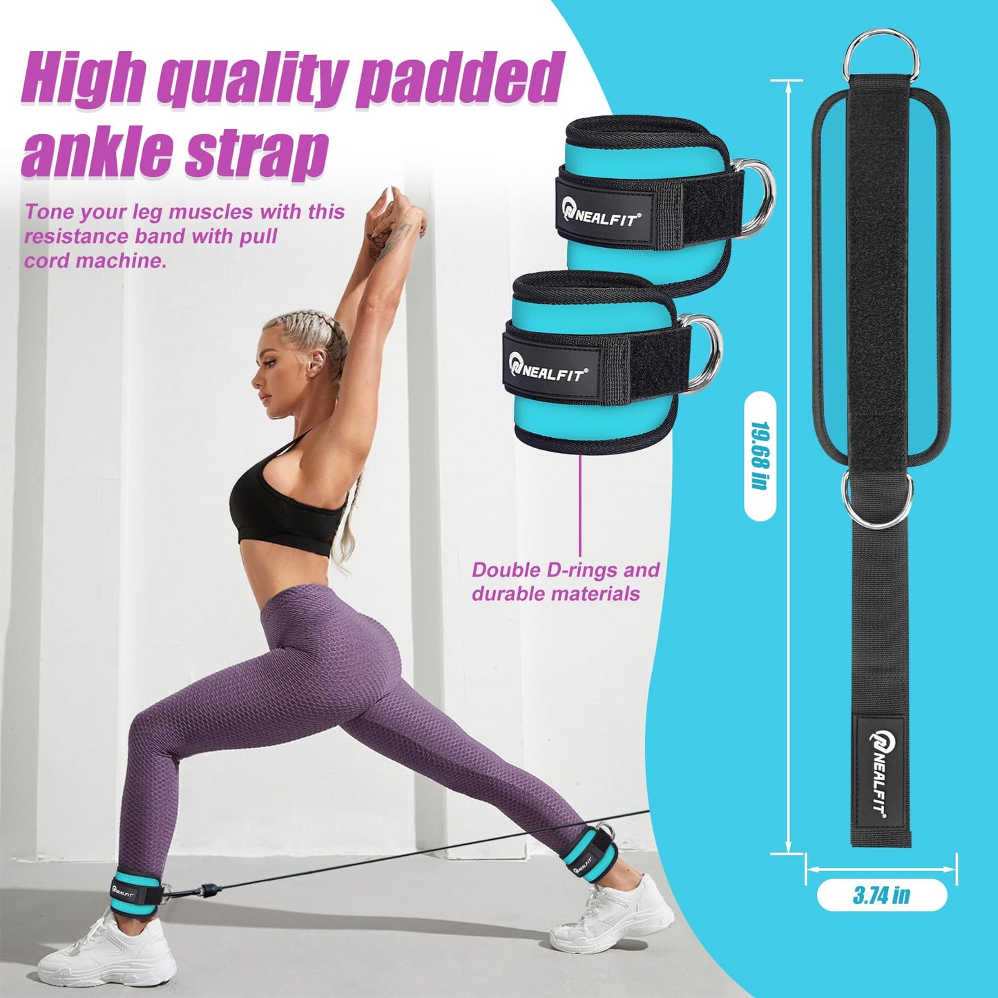 NEALFIT Ankle Strap for Cable Machine, Gym Ankle Cuff for Kickbacks, Leg Extensions, Glute Workouts, Booty Hip Abductors Exercise for Women and Men (Pair, Blue)