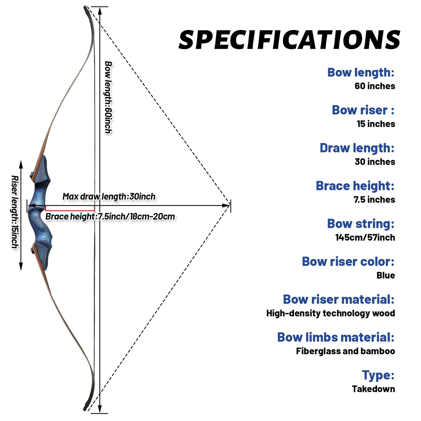 OBTOUTDOOR Black Hunter Original Takedown Recurve Bows for Adults Archery Recurve Bow Set 60" 20-60 lbs Right Hand for Outdoor Targets Practice Hunting Training Competition (Blue-40lbs)