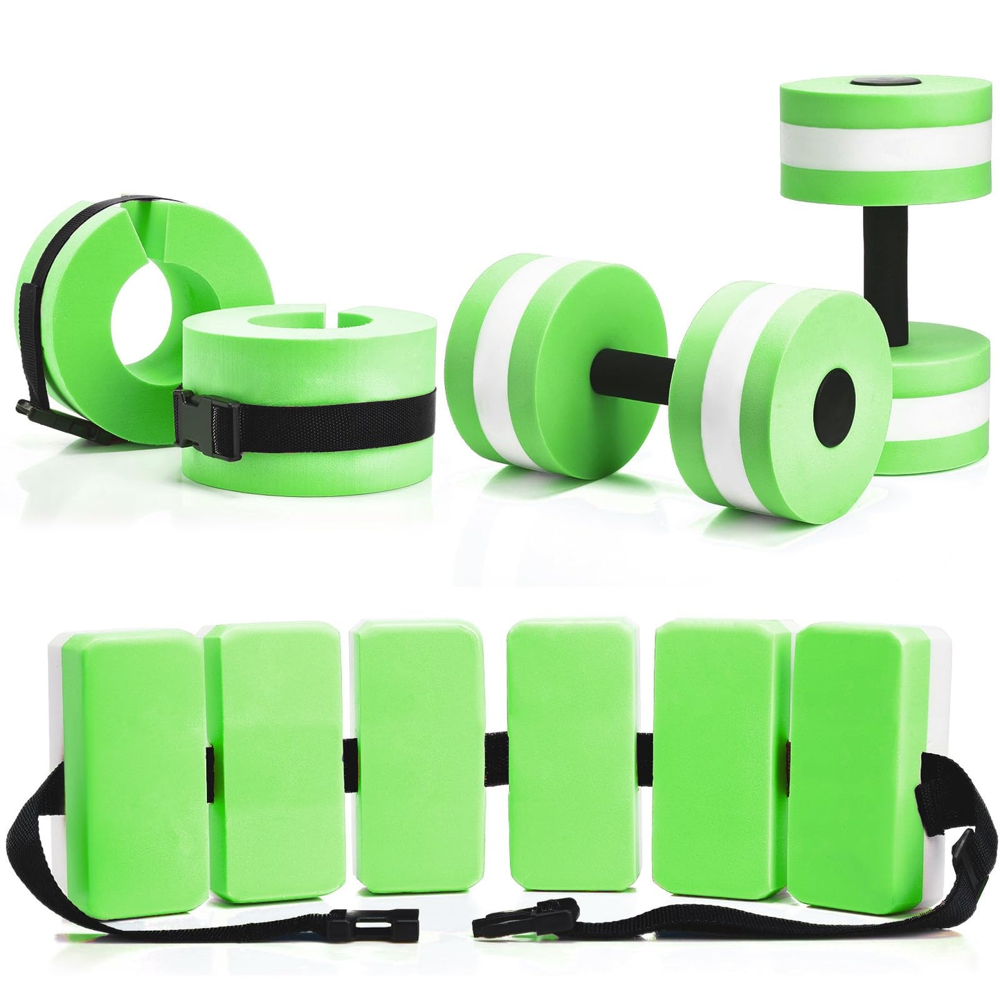 Motionchic 5 Pcs Aquatic Exercise Set Including 2 Ankle Swimming Weights 2 Lightweight Aquatic Exercise Dumbbells and Swim Belt Pool Exercise Equipment for Aquatic Aerobics Exercise (Green)