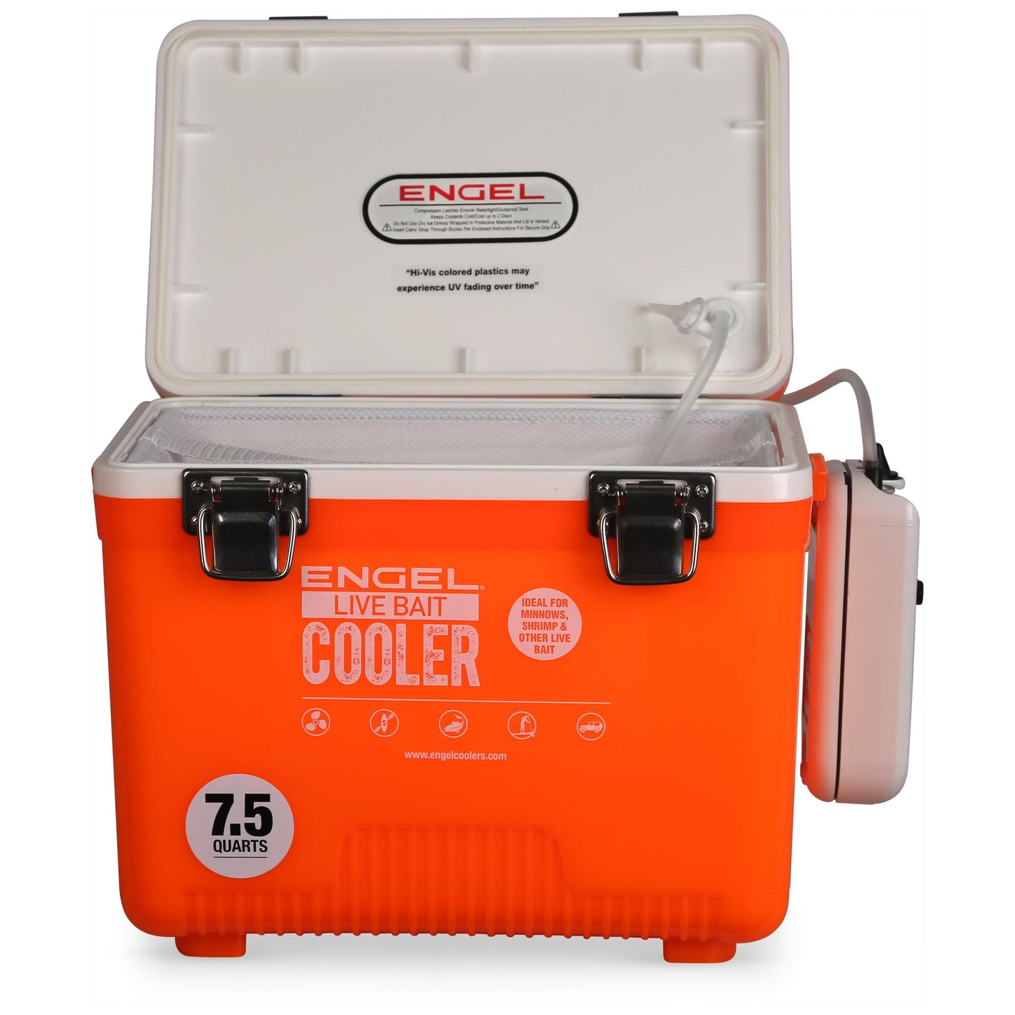 Engel 7.5qt Live Bait Cooler Box with 2nd Gen 2-Speed Portable Aerator Pump. Fishing Bait Station and Minnow Bucket for Shrimp, Minnows, and Other Live Bait - ENGLBC7-N-OHV in Orange High-Visibility