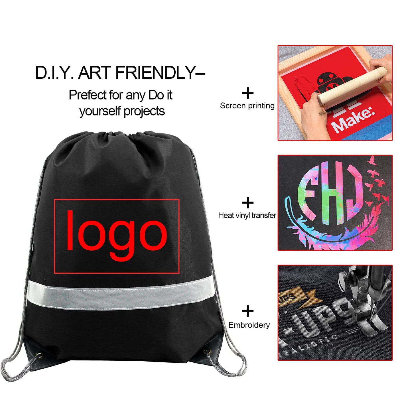 BeeGreen Black Drawstring Backpack Bulk 25 Pieces Wholesale, String Backpack for Party Gym Sport Trip, Reflective Strips Cinch Sack with String, DIY Drawstring Bags for Women and Men