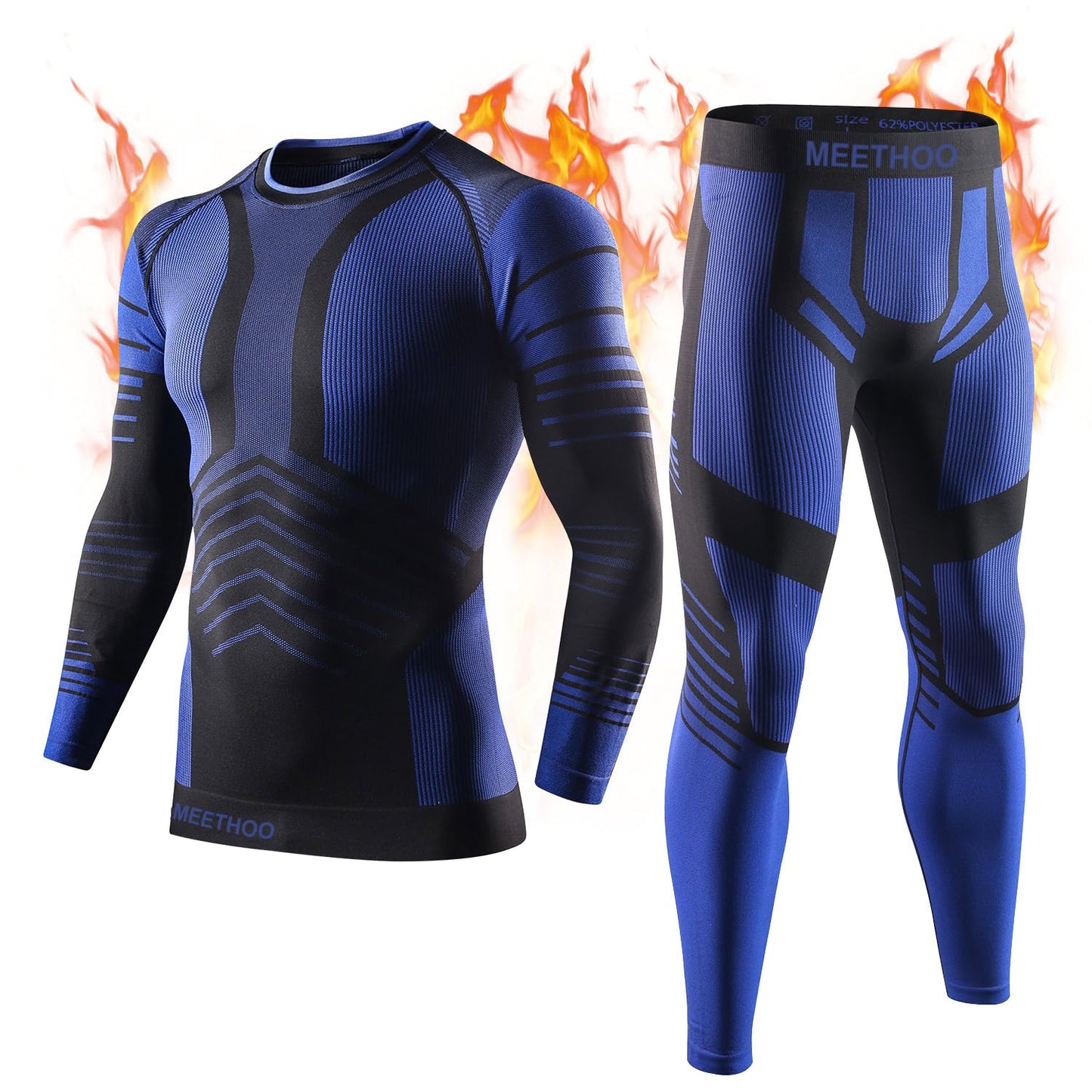 MeetHoo Men's Thermal Underwear Set Seamless Compression Base Layer Winter Cold Gear Sports Long Johns Bottoms for Ski Running Blue