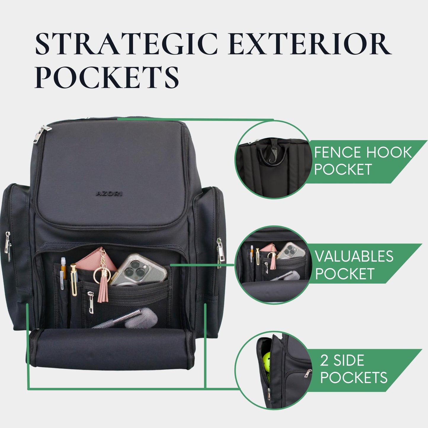 AZORI Pickleball Bag | Stylish Pickle Ball Backpack for Women and Men | Paddle Pocket | Pickleball Storage