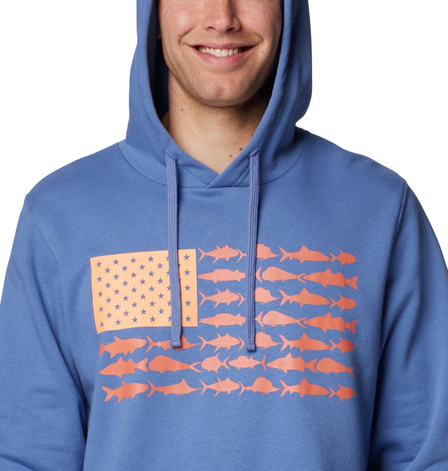 Columbia Men's PFG Fish Flag II Hoodie, Bluebell/Faded Peach USA, Small