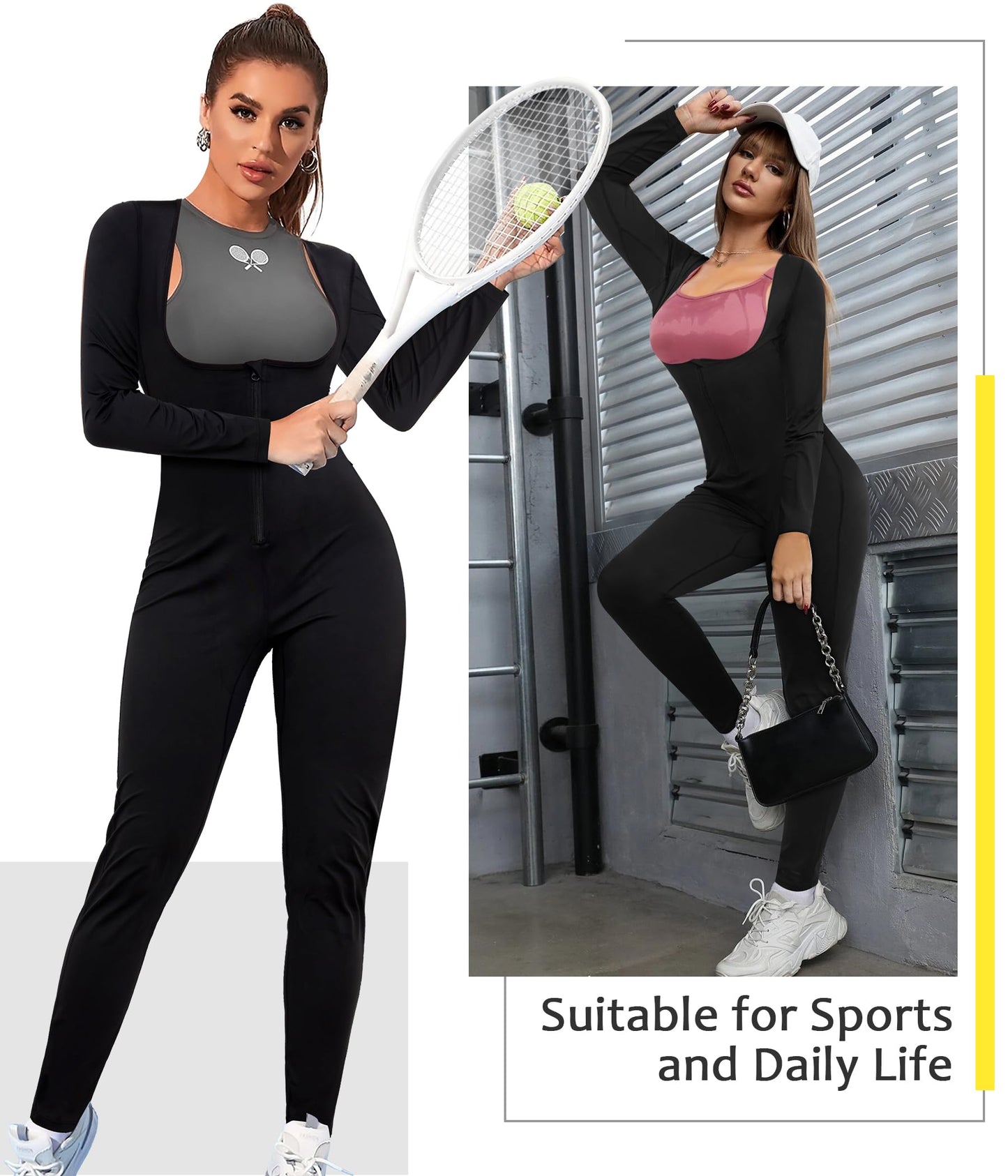 Junlan Sauna Suit for Women Full Body Compression Suit Sweat Jumpsuit Waist Trainer for Working Out(Black,Small)