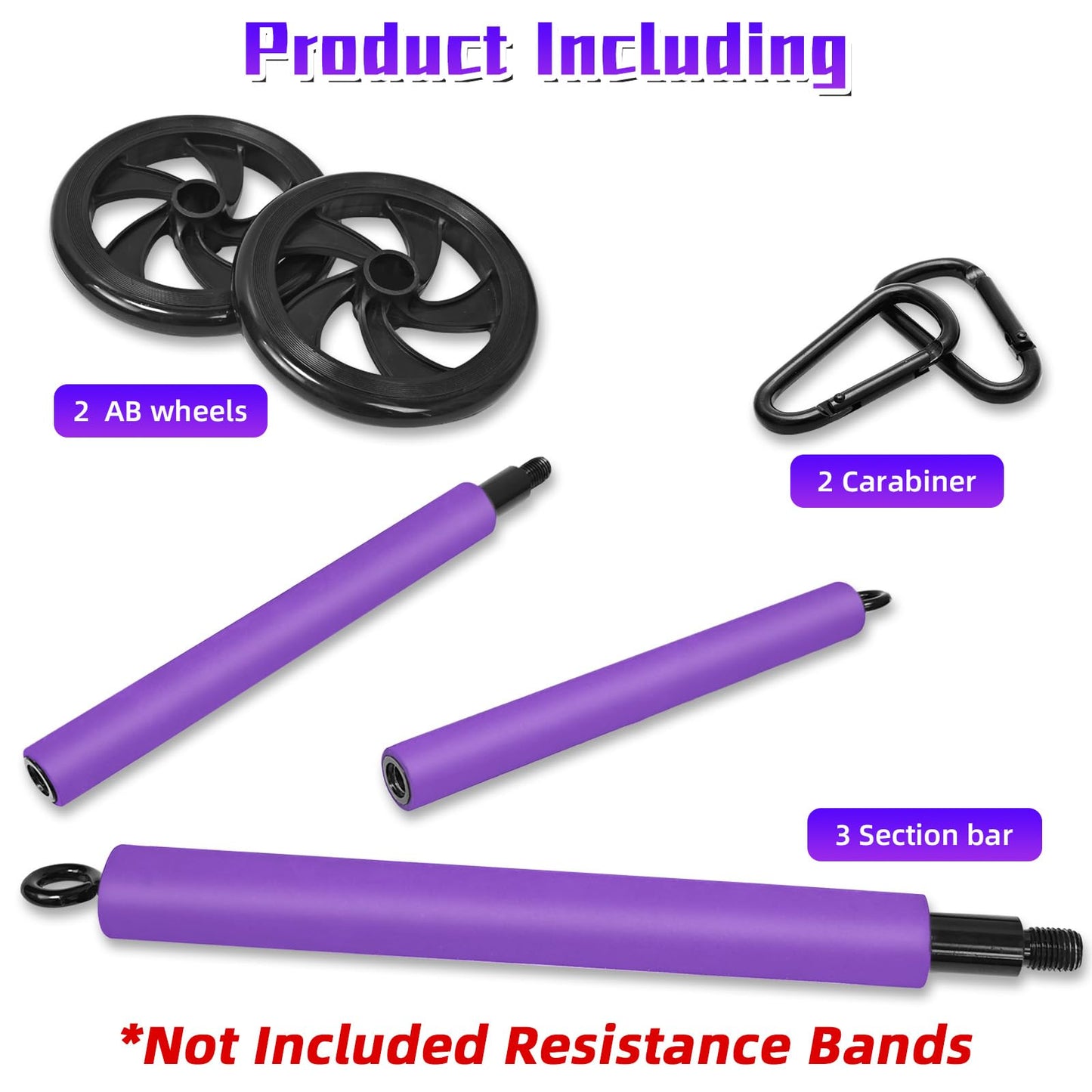Portable Pilates Bar, Pilates Resistance Band Bar with Ab Roller, 3-Section Multifunctional Pilates for Stretched Exercise, Home Gym Yoga Stick for Full Body Workout Training Women & Men (Purple)