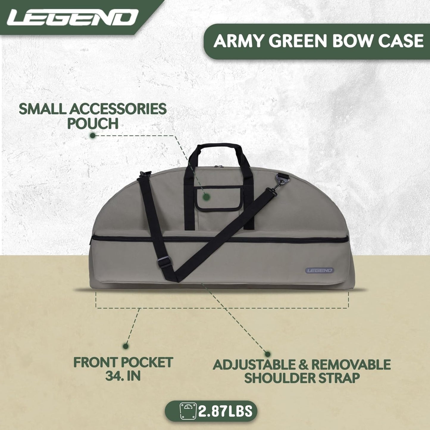Legend Essential Compound Bow Case - Compound Bow Bag with Arrow Tube Case Pocket & Backpack Straps- Durable Nylon, Soft & Lightweight Design - Archery Accessory Protection-36 Interior-Army Green