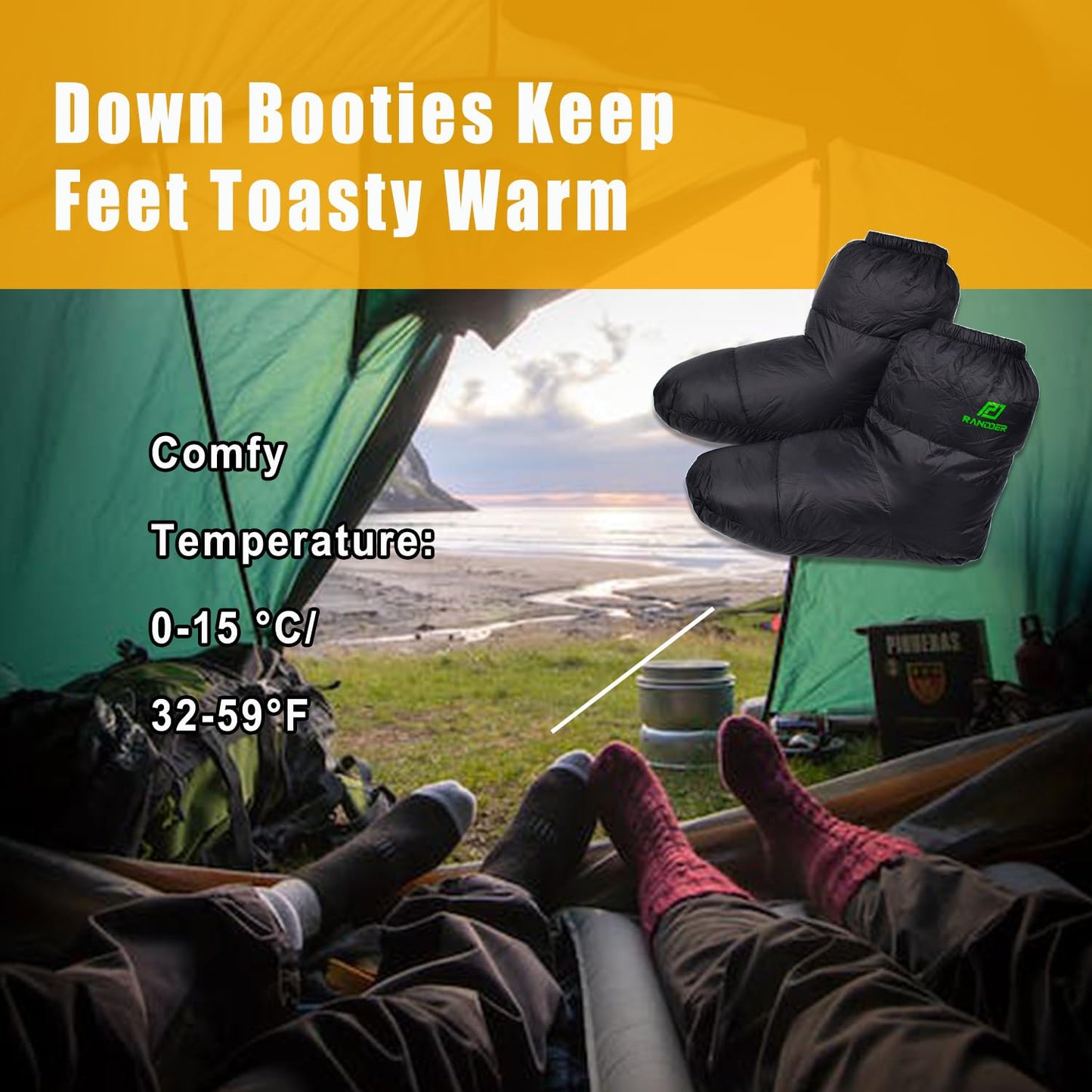 AUDIFU Down Booties Warm Socks Ultralight Sleeping Sock for Camping, Backpacking - Camp Sleeping Bag Tent Down Foot Warmer for Men & Women (Black, Medium)