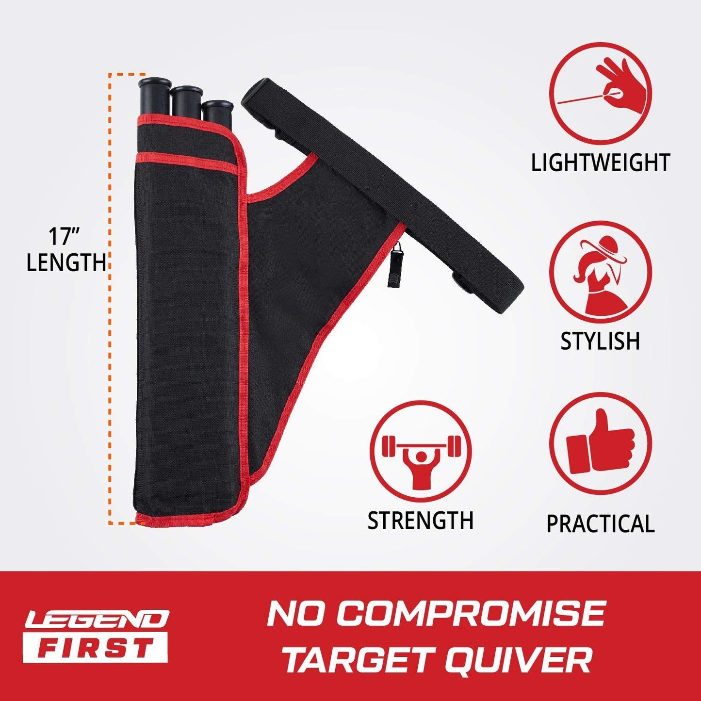 Legend First Archery Quiver Case for Arrows - Right Handed Target Shooting Hip Quivers with Adjustable Belt & 3 Arrow Tubes - Durable T-Slot & Storage Pockets for Accessories & Score Card - Black/Red