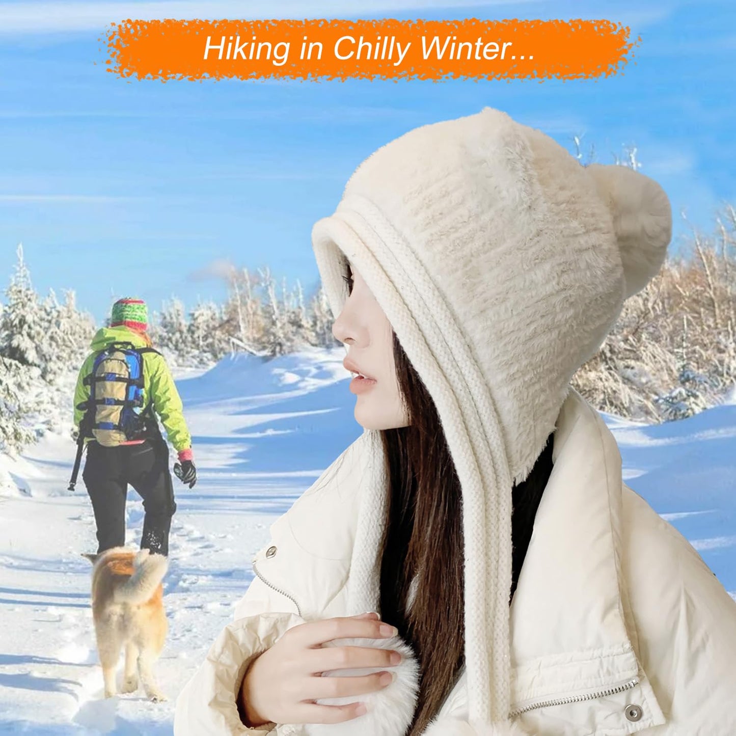 HUAMULAN Women Winter Sherpa Beanie Hats Knit Ear Flaps Peruvian Cover Ears Fleece Lined Fluffy Ski Snow Hat Pompoms