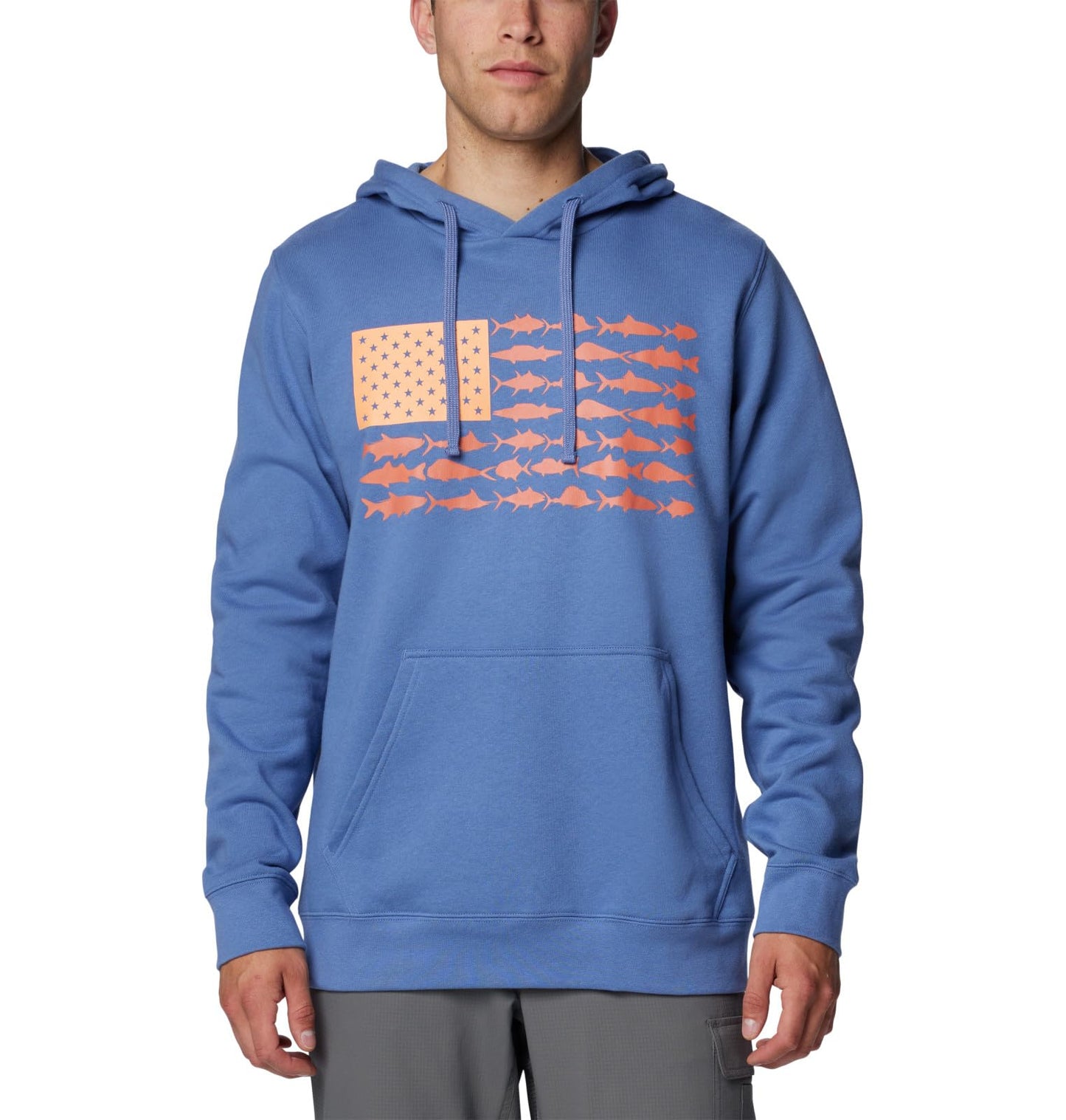 Columbia Men's PFG Fish Flag II Hoodie, Bluebell/Faded Peach USA, Small
