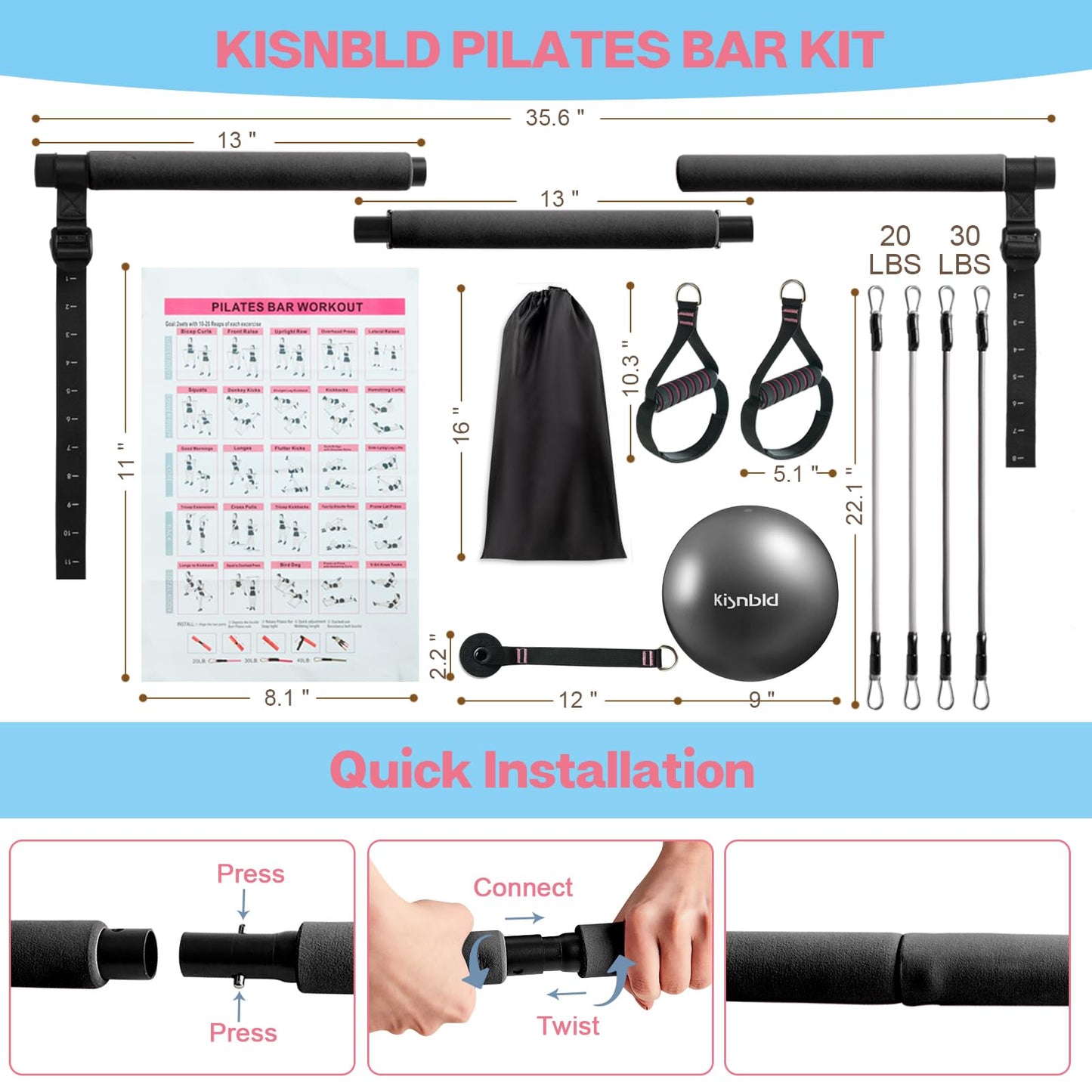 kisnbld Pilates Bar Kit with Resistance Bands, Multifunctional Pilates Equipment with Pilates Ball, 2 in 1 Handles & Door Anchor, Portable Pilates Bar for Women Home Gym Yoga Workouts
