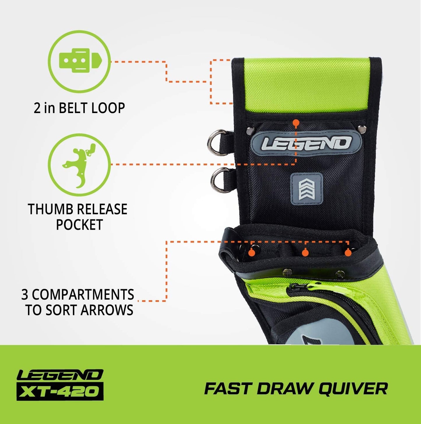 Legend XT420 Archery Field Quiver for Arrows - Right Handed Archery Hip Quiver with Belt, 3 Arrow Compartments - Storage Pocket for Archery Accessories - Nylon Material - 5.25"x1.5"x16" Green