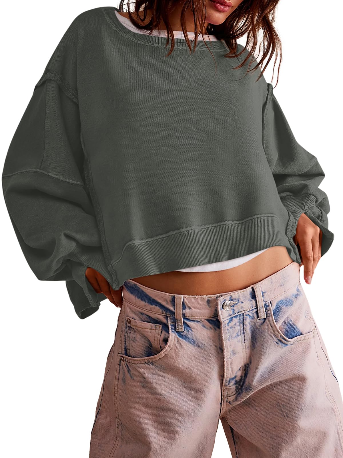 Zwurew Womens Pullover Tops Crewneck Long Sleeve Split Sweatshirt Winter Fashion 2024 Trendy Grey M