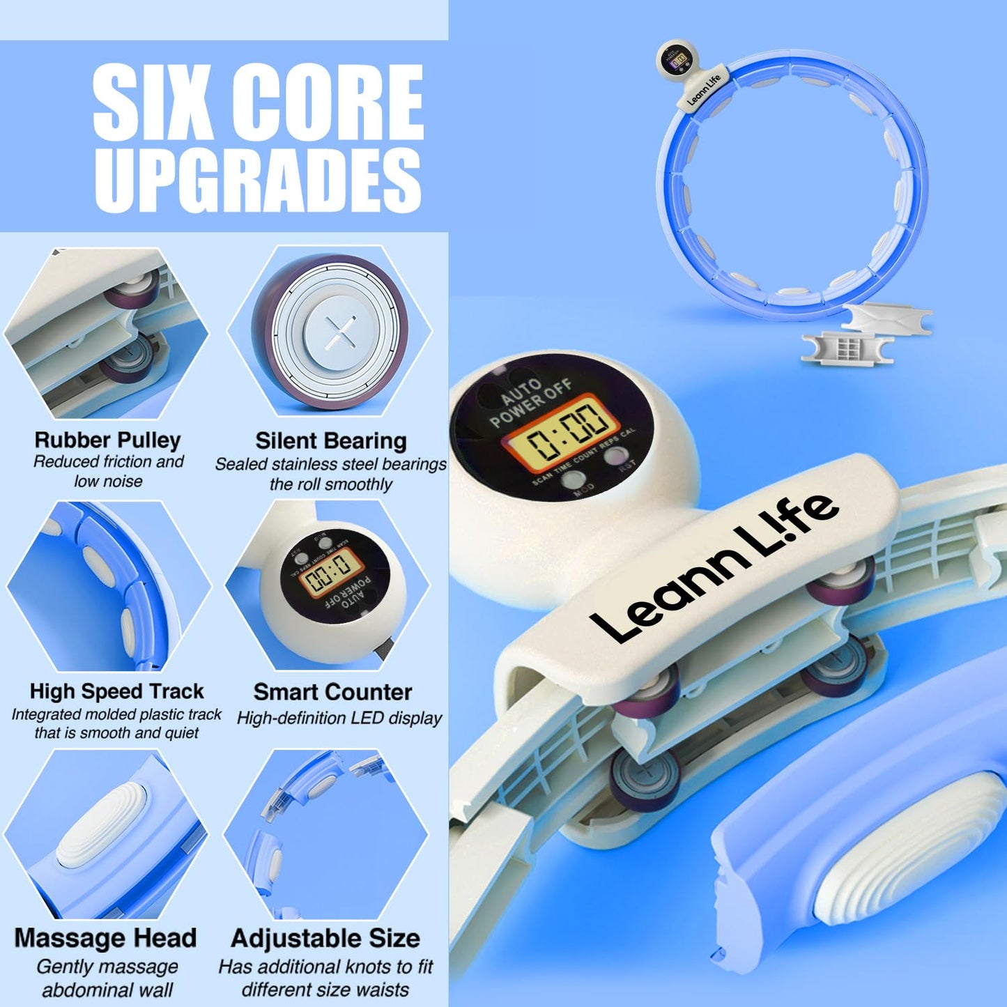 Leann L!fe U5-16 Knots with Counter, U5 Silent Smart Weighted Hula Hoop for Adults Weight Loss Infinity Hoop Plus Size, Home Outdoors Fitness Exercise, Abdominal Toner, (Blue-Waist 28"~46")