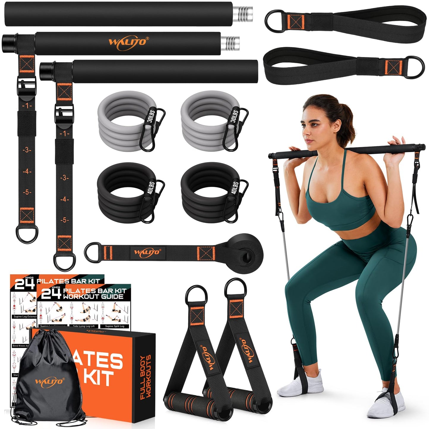 Pilates Bar Kit with Resistance Bands, 3-Section Multifunctional Yoga Pilates Bar with Metal Adjustment Buckle.Portable Pilates Equipment for Women & Men Full-Body Workouts at Home Gym