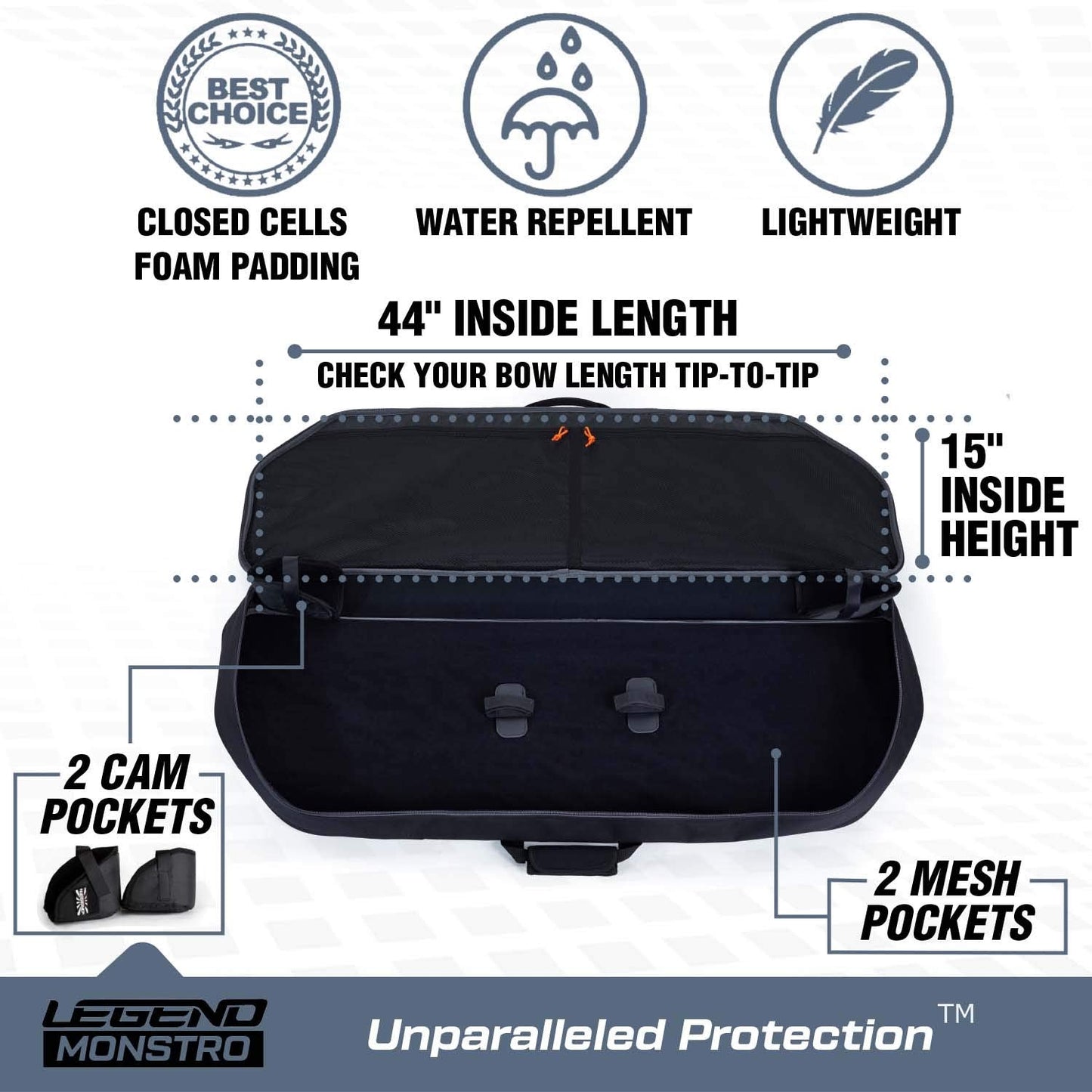 LEGEND Monstro Professional Soft Compound Bow Case - Travel Archery Case with Shoulder Strap, Foam Padding & Safe Storage for Archery Accessories -37" Arrow Tube Holder Pocket, 44" Interior-Black/Grey