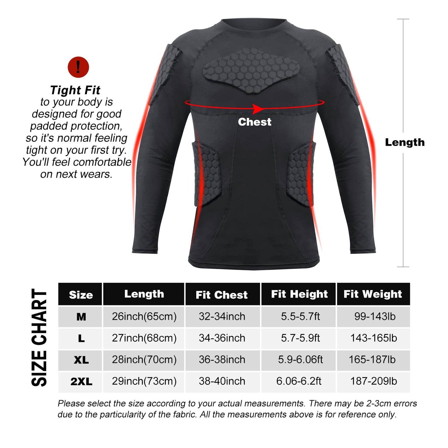 Zicac Men's Sports Shock Rash Guard Compression Padded Shirt Soccer Basketball Protective Gear Chest Rib Guards(Black,US:XL)