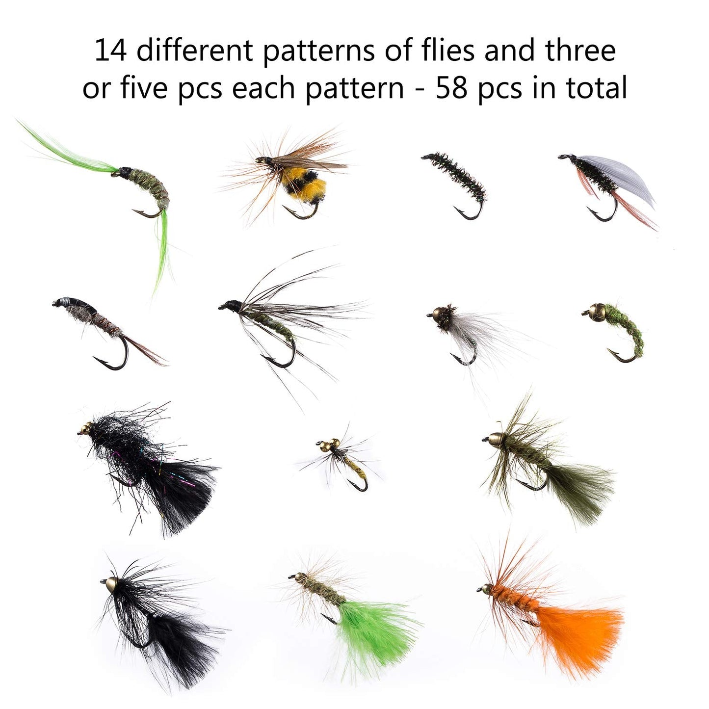 BASSDASH Fly Fishing Flies Kit Fly Assortment Trout Bass Fishing with Fly Box, 36/64/72/76/80/96pcs with Dry/Wet Flies, Nymphs, Streamers, Popper (58 pcs Assorted Trout Flies)