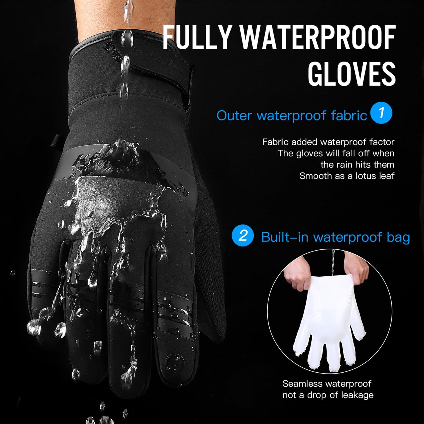 FOXLVDA 10℉ Winter Gloves Men Women, Waterproof Windproof Thermal Touch Screen Gloves, with Non-Slip Grip and Warm Lining for Cold Weather Cycling, Driving, Hiking, Running, Golf, Ski (Black, Medium)