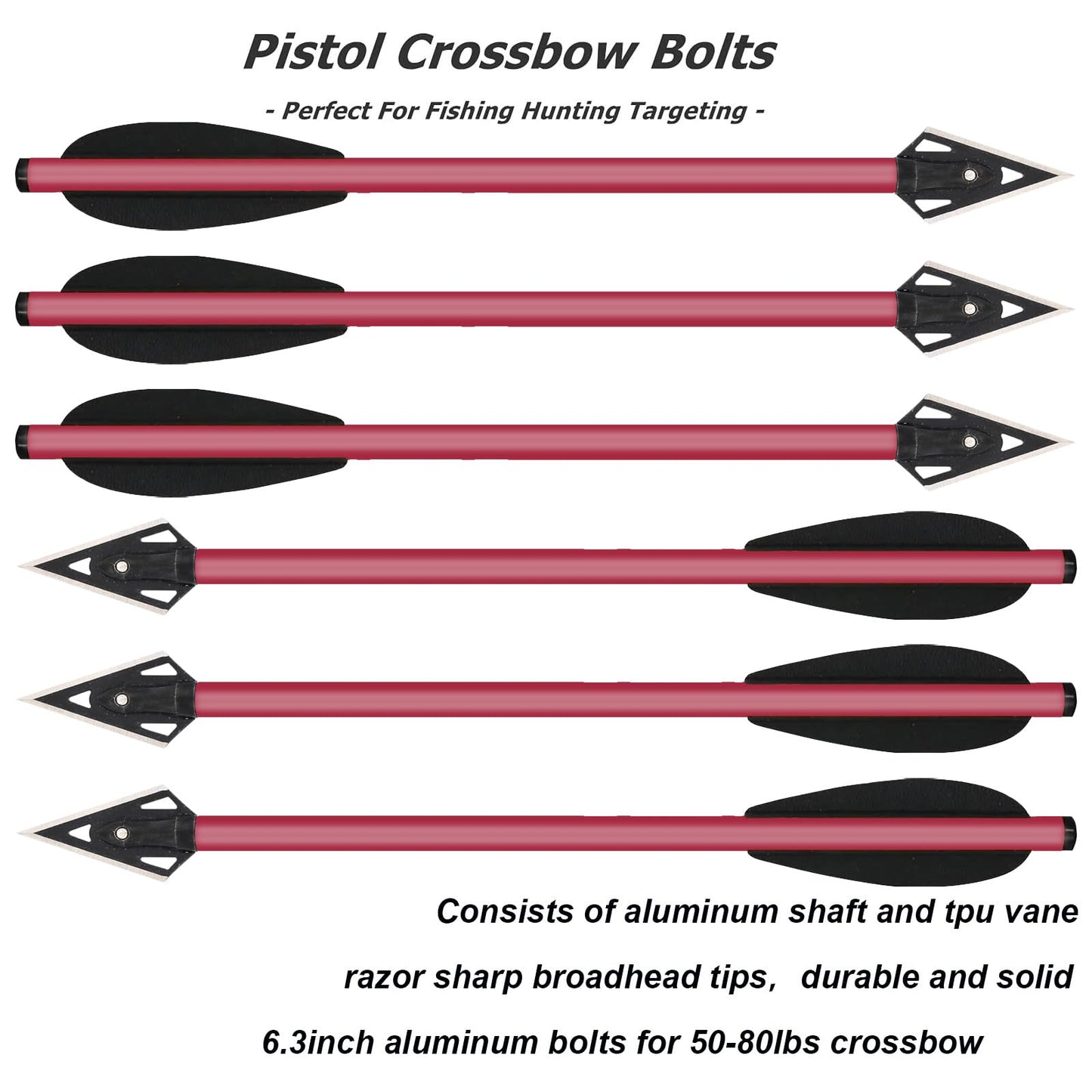 HUNTSPM Mini Crossbow Bolts Aluminium Crossbow Arrows 6.3" Sharp Broadhead Tips Hunting Arrows for 50-80lbs Mini Crossbow Archery Pistol-Hunting Shooting Target Practice (12PCS Red)