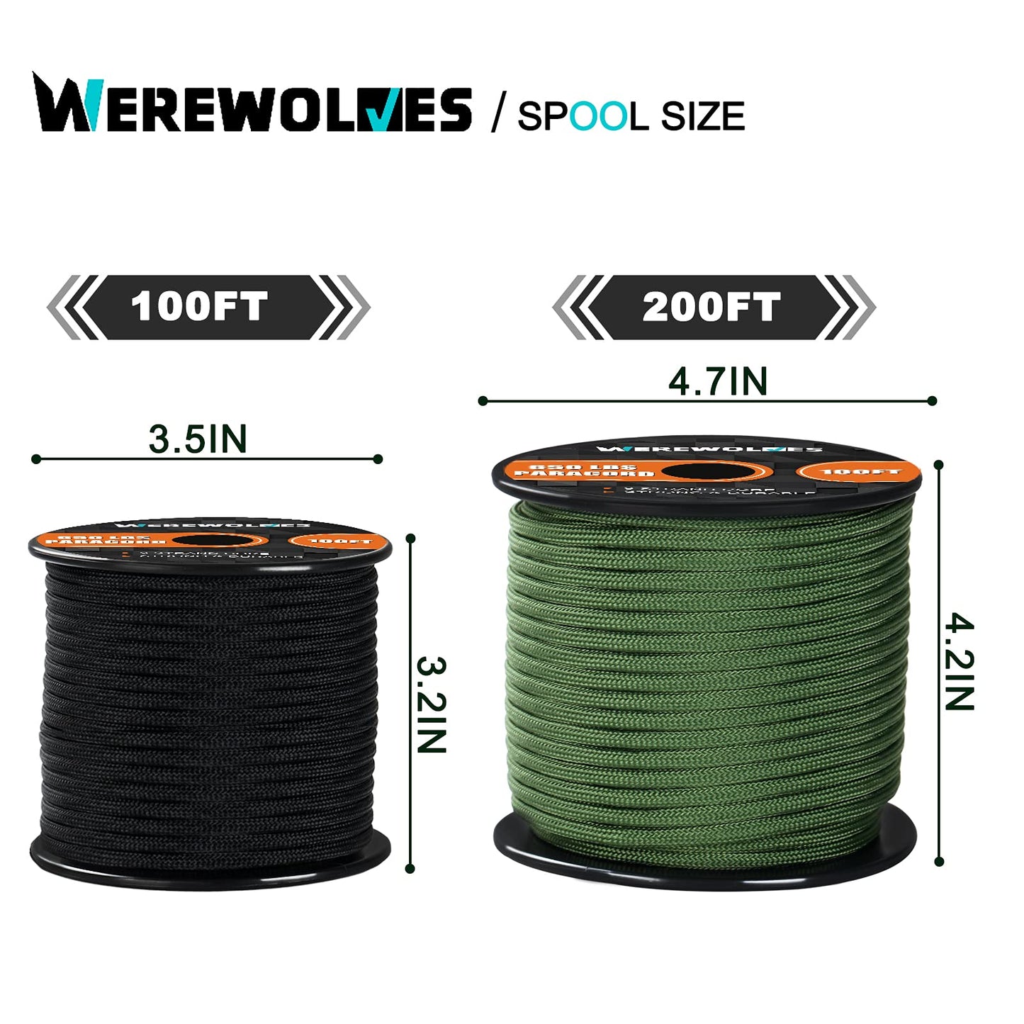 650lb Paracord/Parachute Cord - 9 Strand Paracord Rope - 100', 200' Spools of Parachute Cord, Type III Paracord for Camping, Hiking and Survival (Neon (Safety) Orange, 100 Feet)