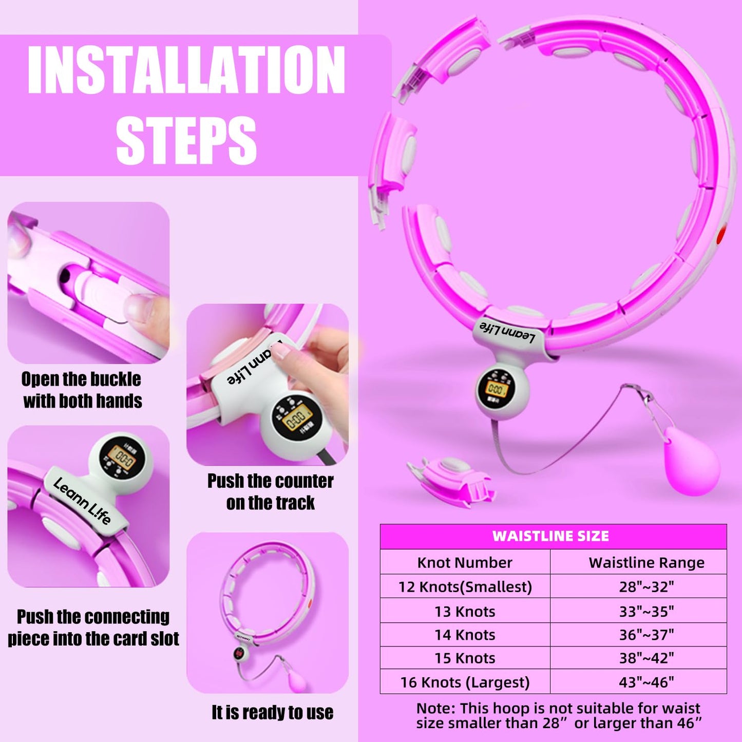 Leann L!fe U5-16 Knots with Counter, U5 Silent Smart Weighted Hula Hoop for Adults Weight Loss Infinity Hoop Plus Size, Home Outdoors Fitness Exercise, Abdominal Toner, (Purple-Waist 28"~46")