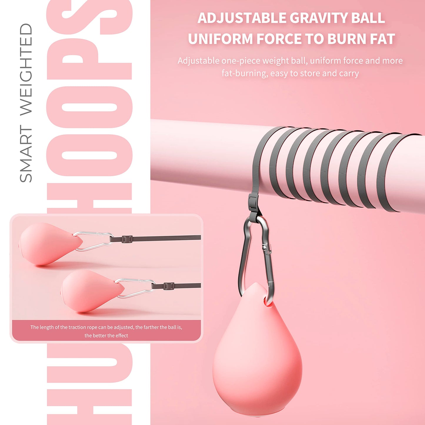 Smart Weighted Hula Ring Hoops, Hula Circle Detachable Fitness Ring with 360 Degree Auto-Spinning Ball Massage, Gymnastics, Adult Fitness for Weight Loss (Pink)