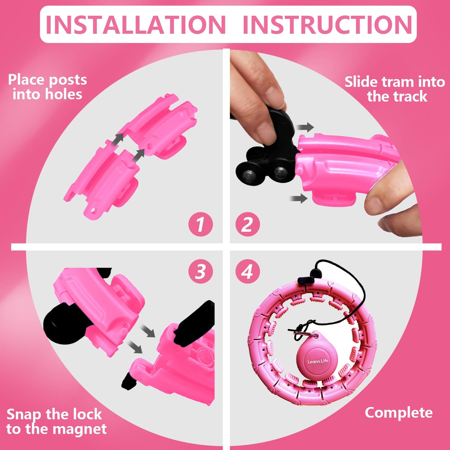 Leann L!fe U1-28 Knots Waist 56”, Magnetic Lock Smart Weighted Hula Hoop for Adults Weight Loss, Infinity Hoop Plus Size, Children Adult Home Outdoors, Fitness Exercise, Abdominal Toner, Light Pink