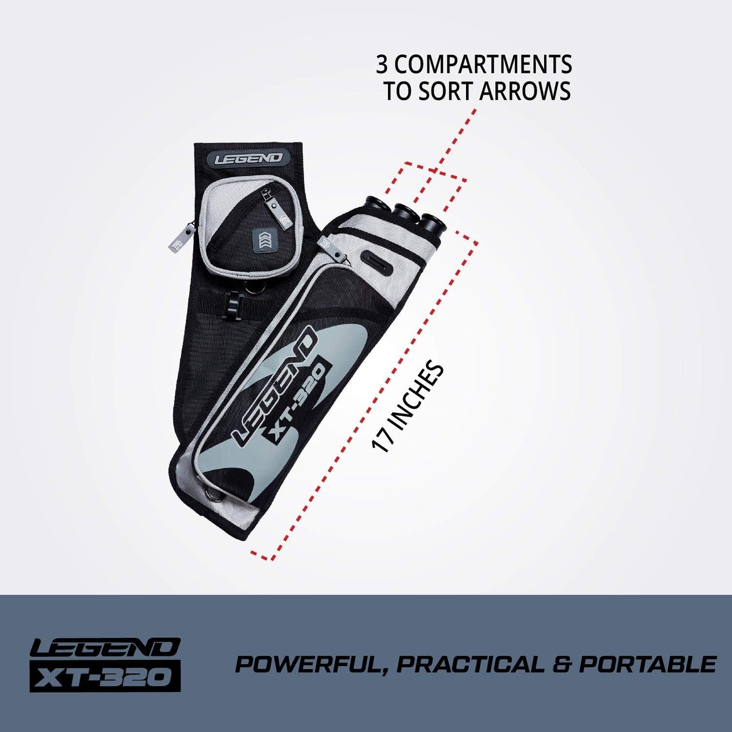 Legend XT320 Archery Quivers - Left Handed Nylon Hip Quivers with 3 Arrow Tube Cases for Target Shooting - Adjustable Waist Belt, T-Slot, Compartments for Accessories, Tools, Release Tab - Grey