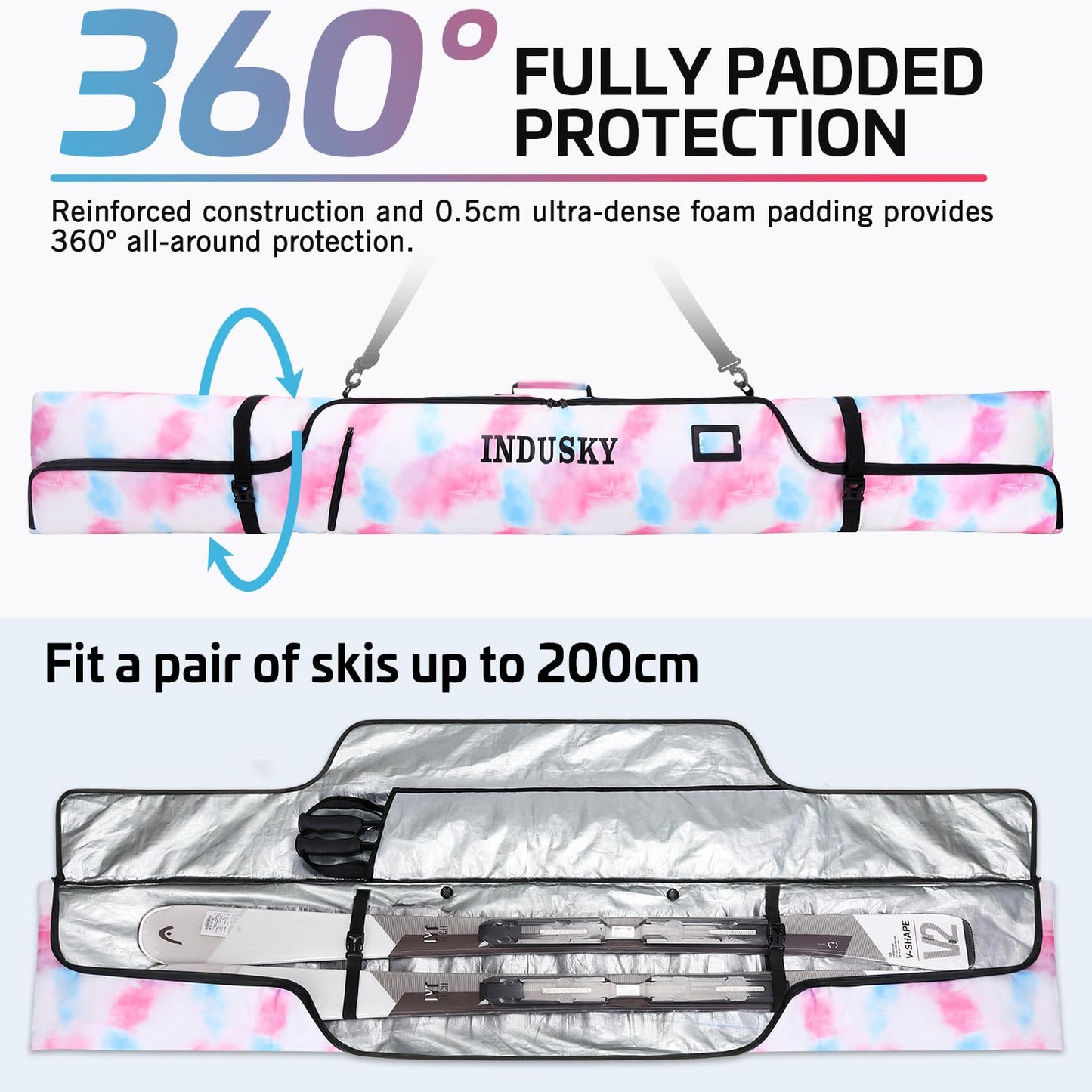 InduSKY Ski Bag, Waterproof Full Padded Ski Bag for Air Travel, 900D Polyester Adjustable Length Ski Bag Fit Skis Up to 200cm, Portable Snow Travel Ski Bag with Removable Padded Shoulder Strap
