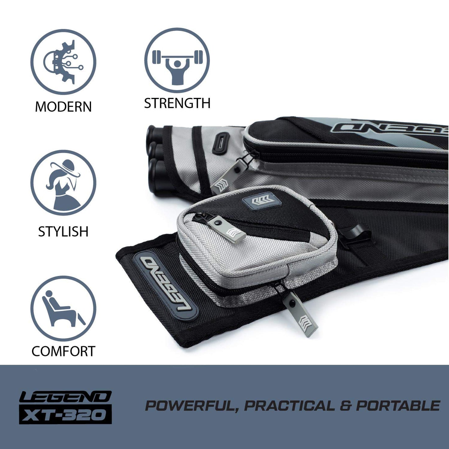 Legend XT320 Archery Quivers - Left Handed Nylon Hip Quivers with 3 Arrow Tube Cases for Target Shooting - Adjustable Waist Belt, T-Slot, Compartments for Accessories, Tools, Release Tab - Grey