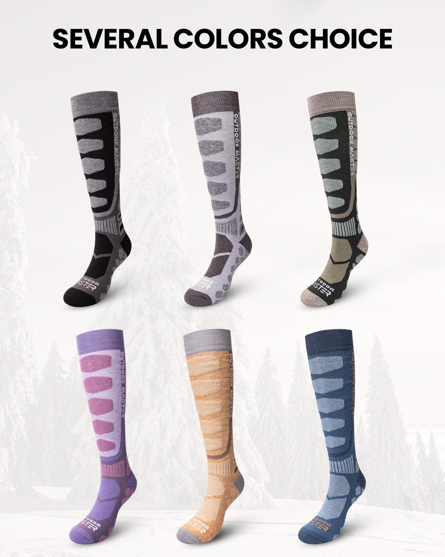 OutdoorMaster Merino Wool Ski Socks, 2-Pack Over The Calf Non-Slip Cuff Winter Compression Thermal Socks for Men & Women