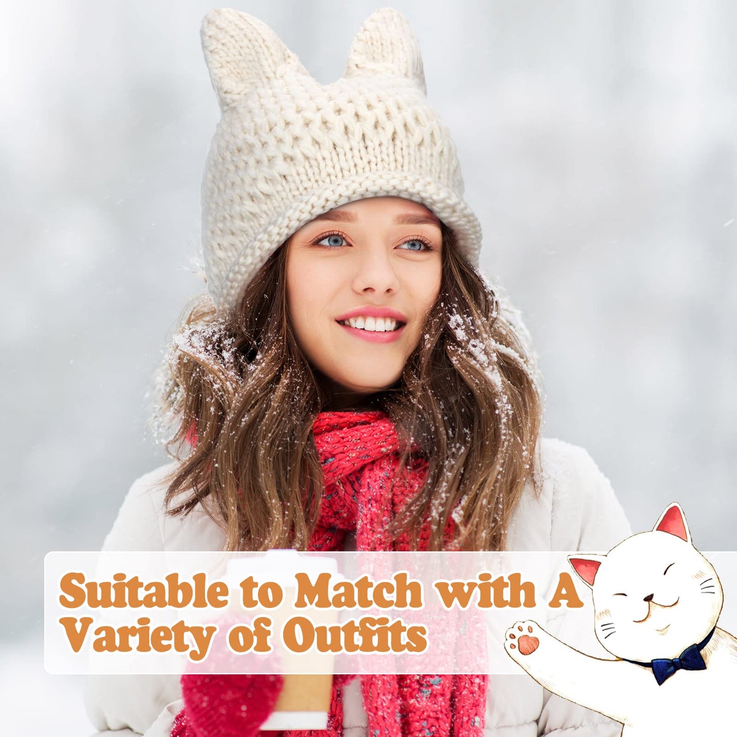 Cat Ear Beanie 2 Pieces Warm Beanie with Ears Cute Cat Hats for Women Crochet Cat Winter Hat Knit Ear Pom Hat Black, White