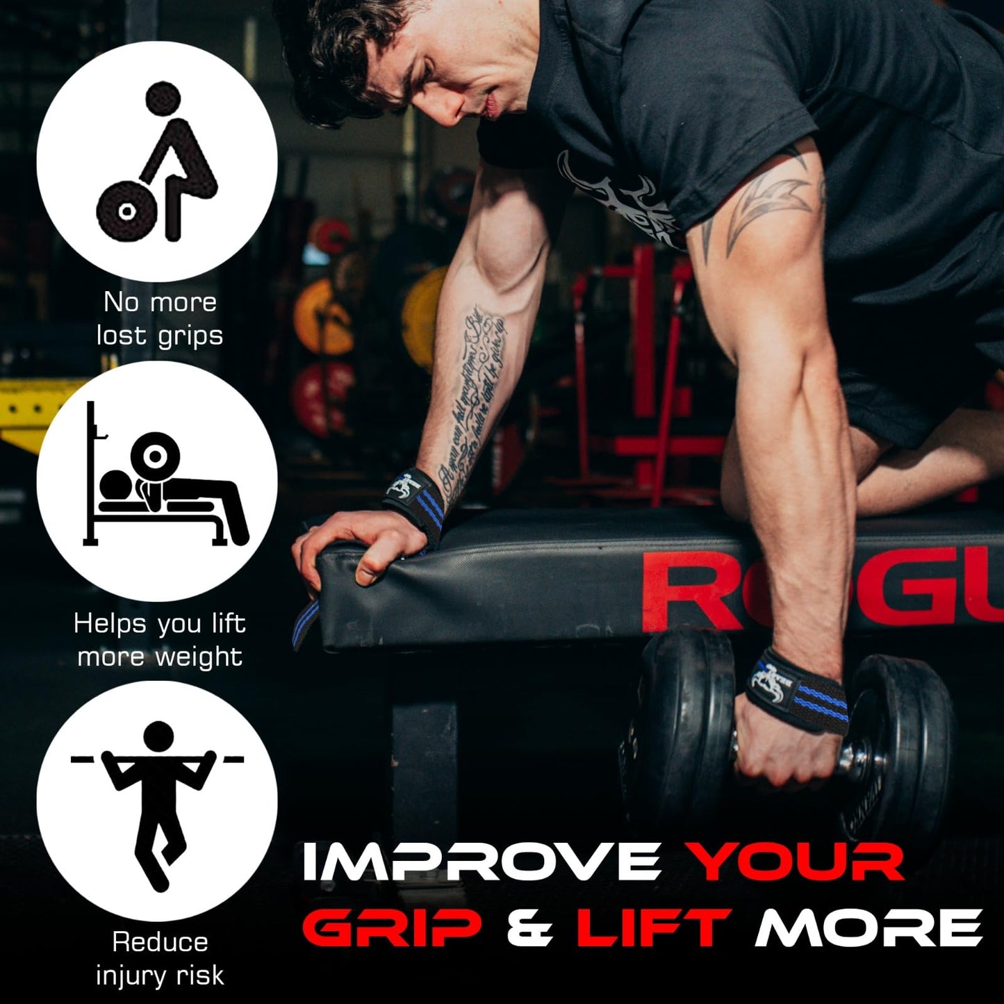 BEAST RAGE Lifting Wrist Straps for Weightlifting, Weight Lifting Straps Gym Power Workouts Lifting Straps Padded Cotton Men Women Supportive Lift Deadlift Straps Hard Pull Exercise Straps (Black/blue)