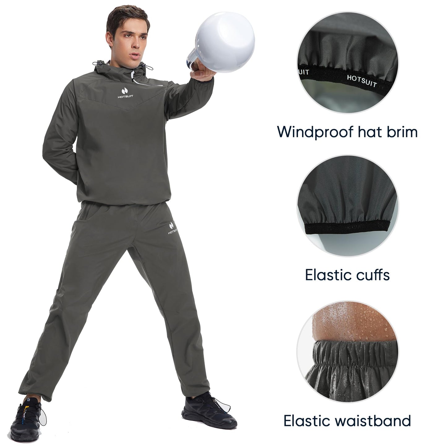 HOTSUIT Sauna Suit for Men Sweat Sauna Jacket Pant Gym Workout Sweat Suits, Dark Gray, S