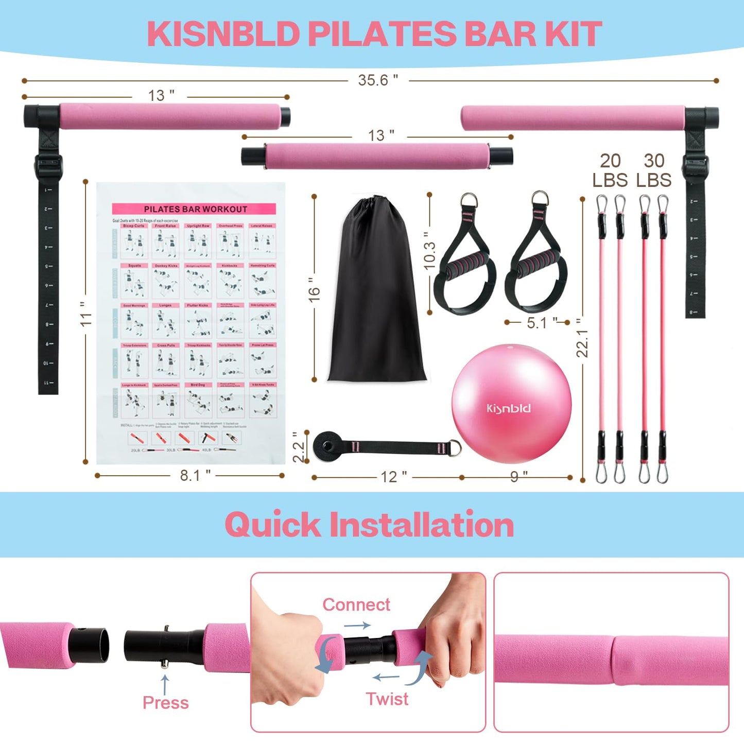 kisnbld Pilates Bar Kit with Resistance Bands, Multifunctional Pilates Equipment with Pilates Ball, 2 in 1 Handles & Door Anchor, Portable Pilates Bar for Women Home Gym Yoga Workouts