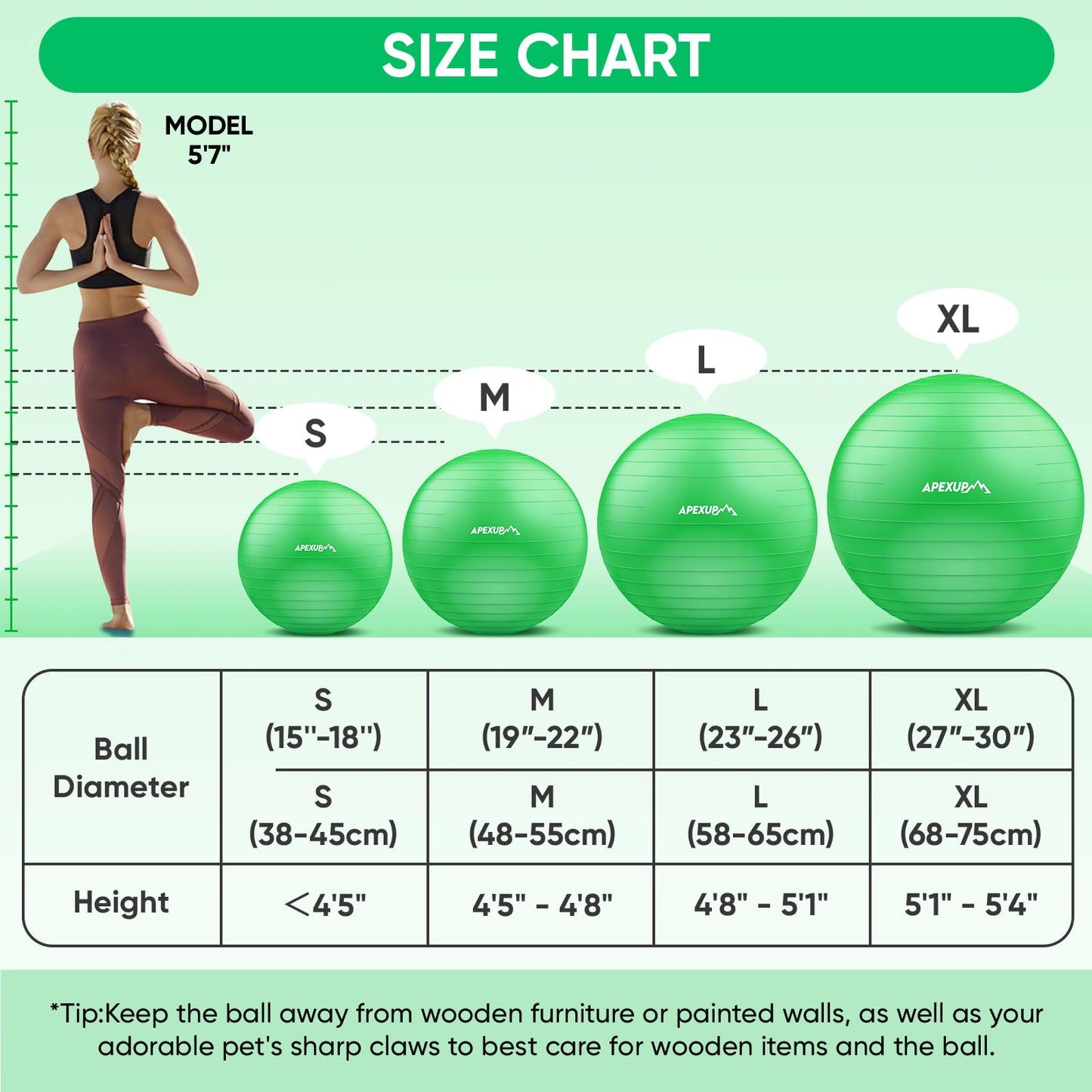 APEXUP Yoga Ball Exercise Ball, Anti Slip Stability Ball Chair, Heavy Duty Large Gym Ball for Fitness, Balance, Core Workout and Physical Therapy (S (15"~18") 45cm, Dark Green)
