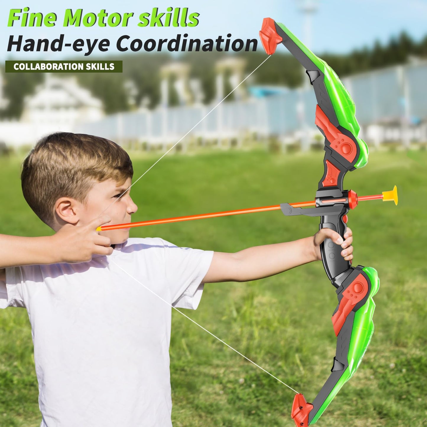 TEMI Kids Bow and Arrow Set - LED Light Up Archery Toy Set with 10 Suction Cup Arrows, Target & Quiver, Indoor and Outdoor Toys for Children Boys Girls