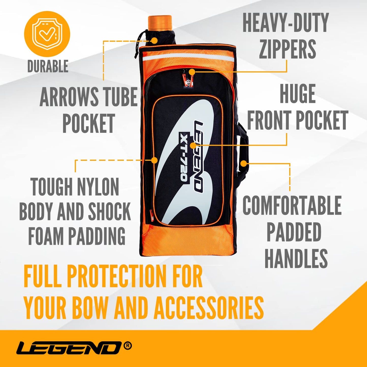 Legend - XT720 Recurve Bow Case (Orange) | Backpack Style Bag with Heavy Duty Foam Padding for Portable Protection of Recurve Bows & Risers up to 27" | Telescopic Arrow Tube Extends Up to 35"