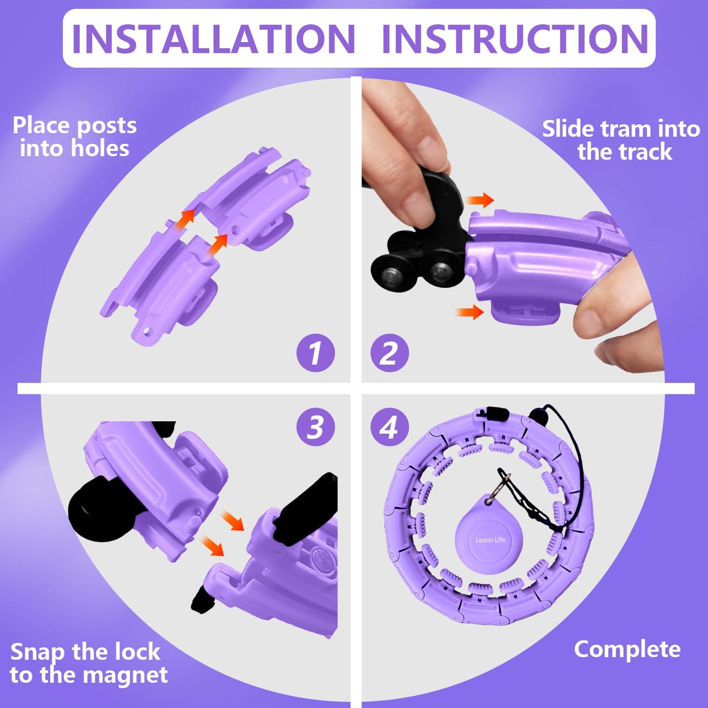 Leann L!fe U1-30 Knots Waist 56”, Magnetic Lock Smart Weighted Hula Hoop for Adults Weight Loss, Infinity Hoop Plus Size, Children Adult Home Outdoors, Fitness Exercise, Abdominal Toner,Light Purple