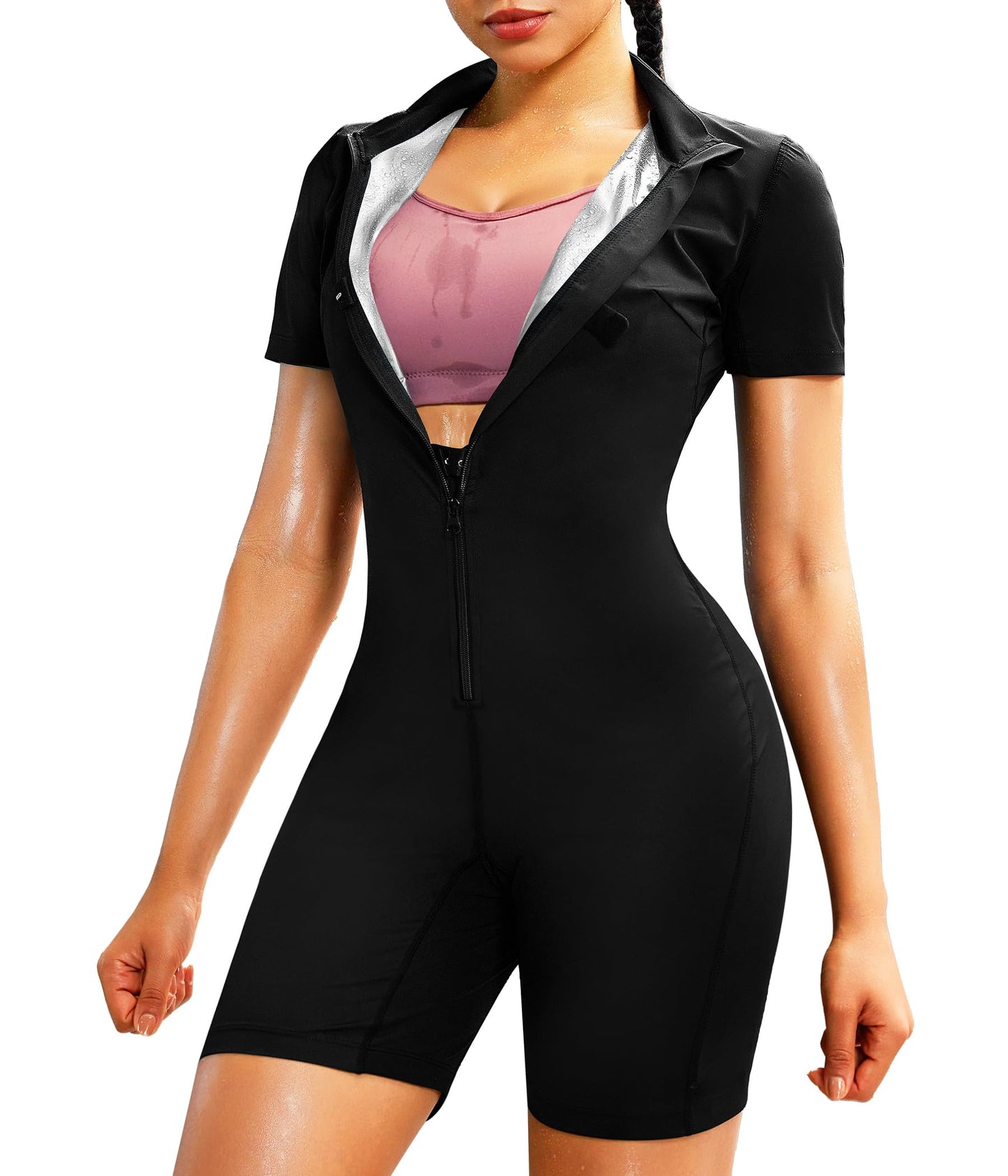 Junlan Sauna Suit for Women Full Body Jumpsuit Waist Trainers for Women Belly Fat Workout Sweat Suit(Silver,Small)