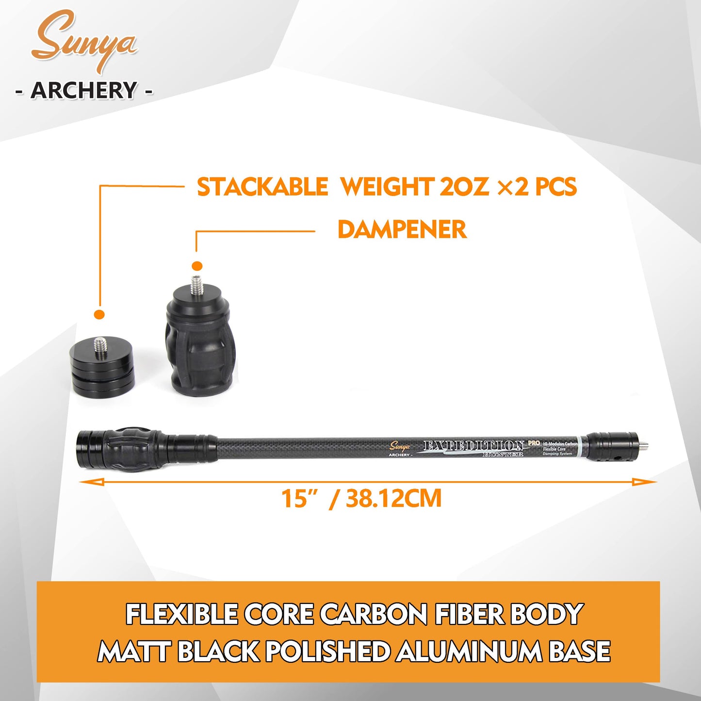 SUNYA Archery 15inch Bow Stabilizer for Compound Bow and Recurve Bow, Carbon Fiber Body, Flexible Core with Damping System and Weights, Expedition Pro Series (Black EP15)