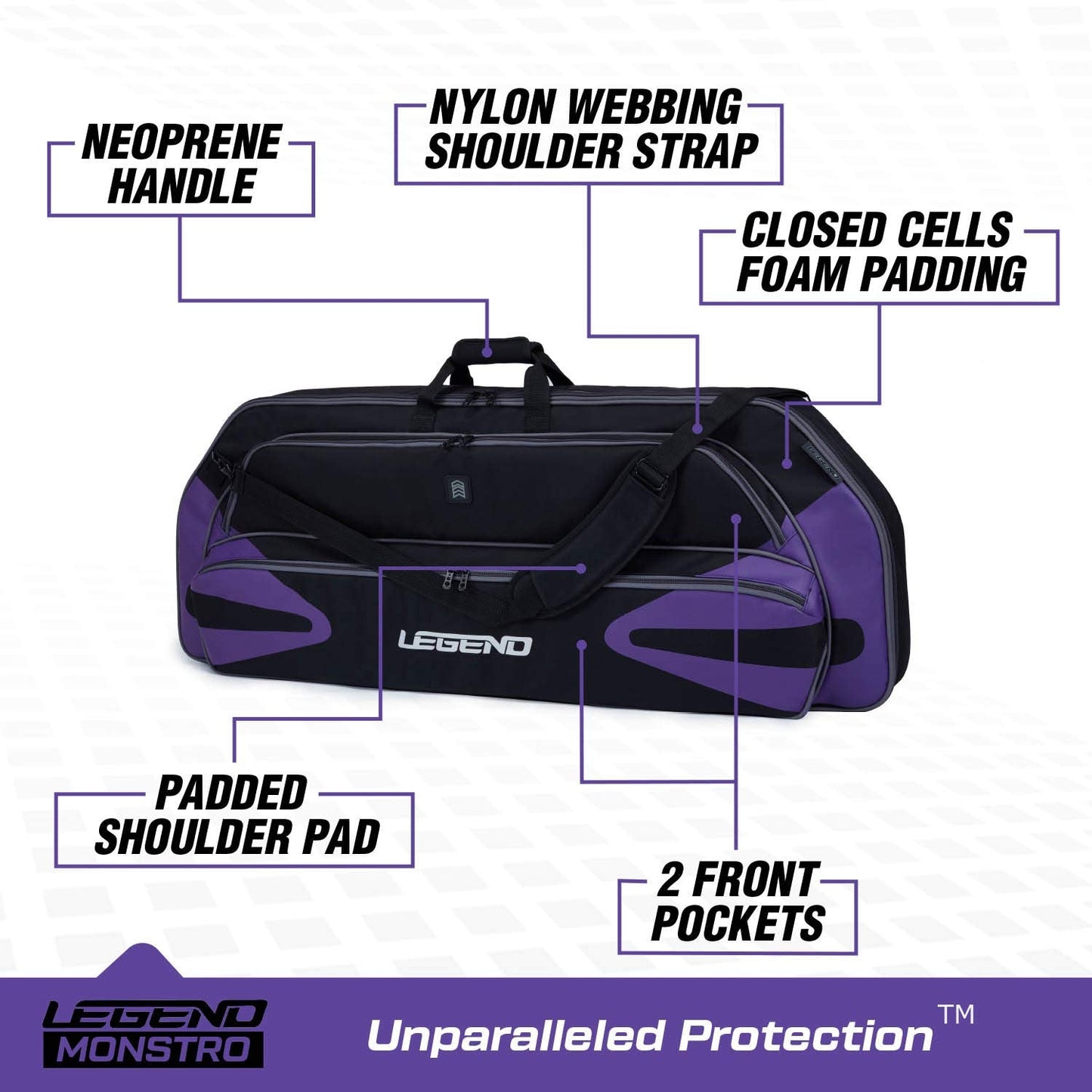 Legend Monstro Professional Soft Compound Bow Case- Travel Archery Case with Shoulder Strap, Foam Padding & Safe Storage for Archery Accessories-37 Arrow Tube Holder Pocket, 44" Interior-Black/Purple