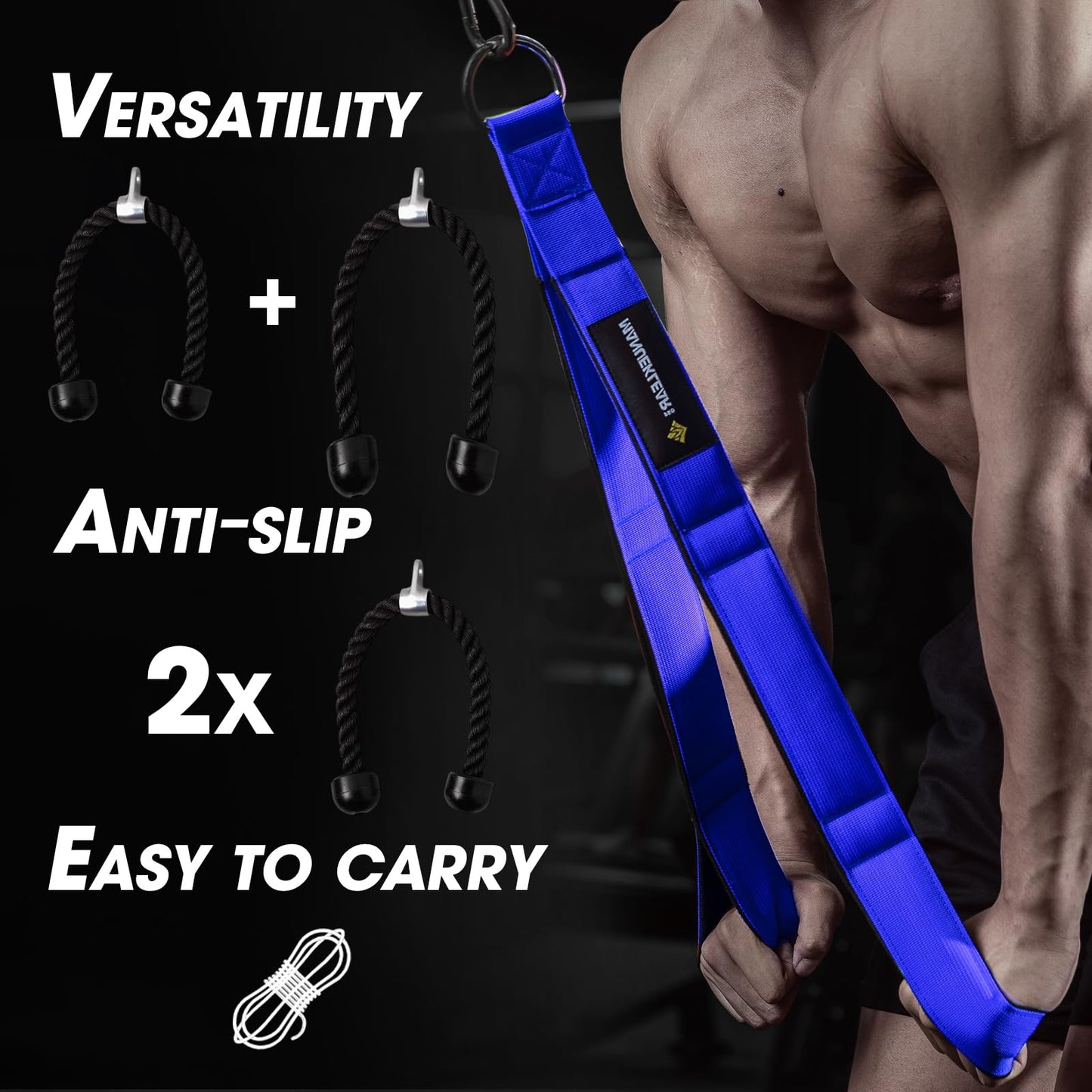 MANUEKLEAR Tricep Rope Cable Attachment Handles, Greater Range of Motion, Tricep Pull Down Rope for Push Downs, Crunches, Facepulls for Professional Gym (Blue)