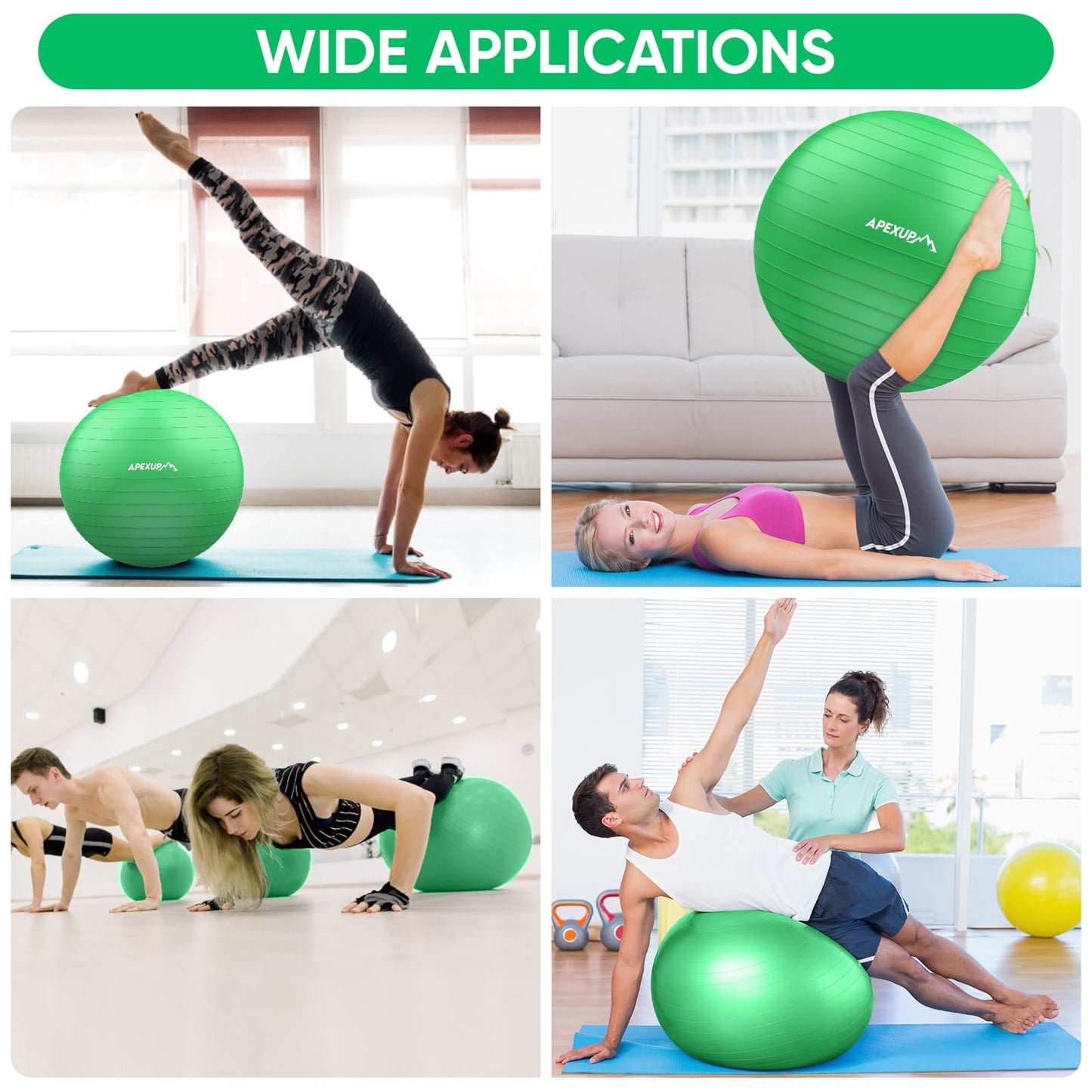 APEXUP Yoga Ball Exercise Ball, Anti Slip Stability Ball Chair, Heavy Duty Large Gym Ball for Fitness, Balance, Core Workout and Physical Therapy (S (15"~18") 45cm, Dark Green)