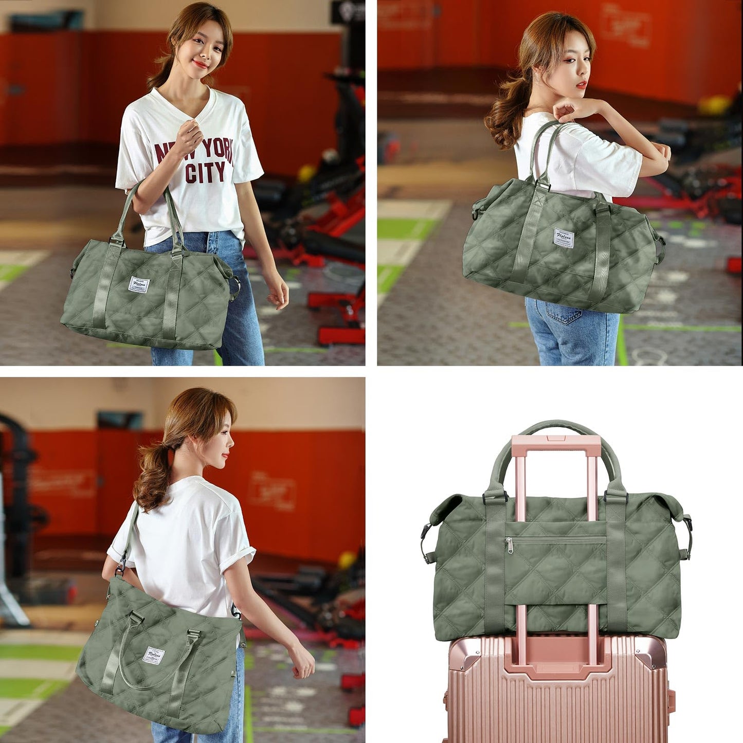 BJLFS Large Women's Waterproof Duffle Bag, Green Gym Tote Weekender Overnight Bag with Wet Bag, Fits 15.6 inch Laptop, Nylon Hobo Handbag