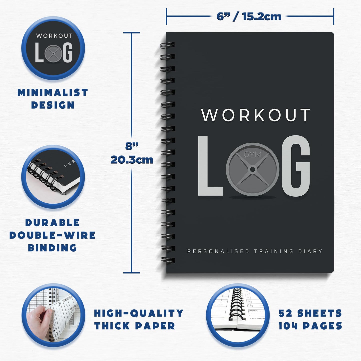 Workout Log Gym Workout Planner for Daily Fitness Tracking & Goals Setting - 2 Pack, A5 Size, 6” x 8”, Charcoal Gray - Men & Women Home & Gym Training Diary - Log Book Journal